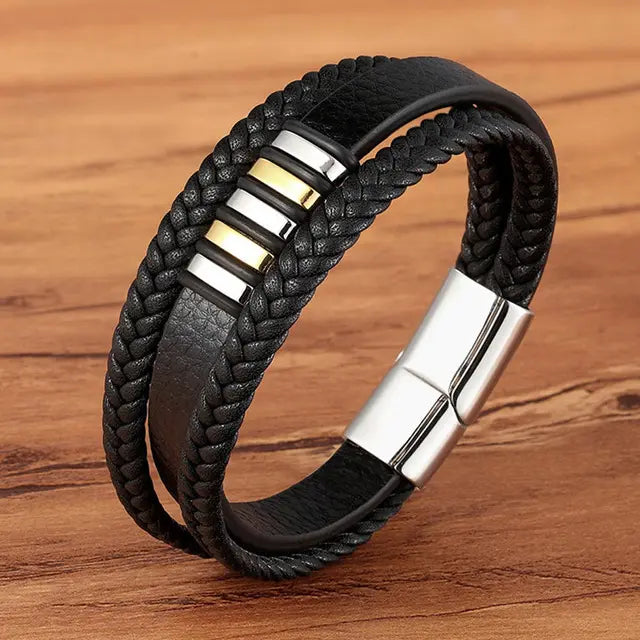 Black leather braided bracelet