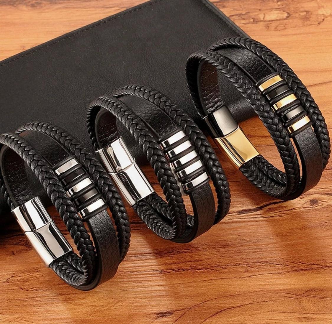 Black leather braided bracelet - JACK