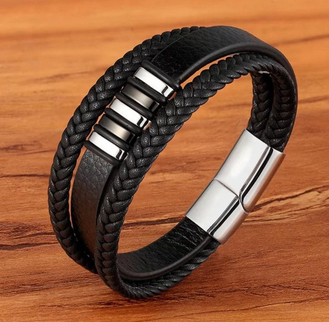 Black leather braided bracelet - JACK